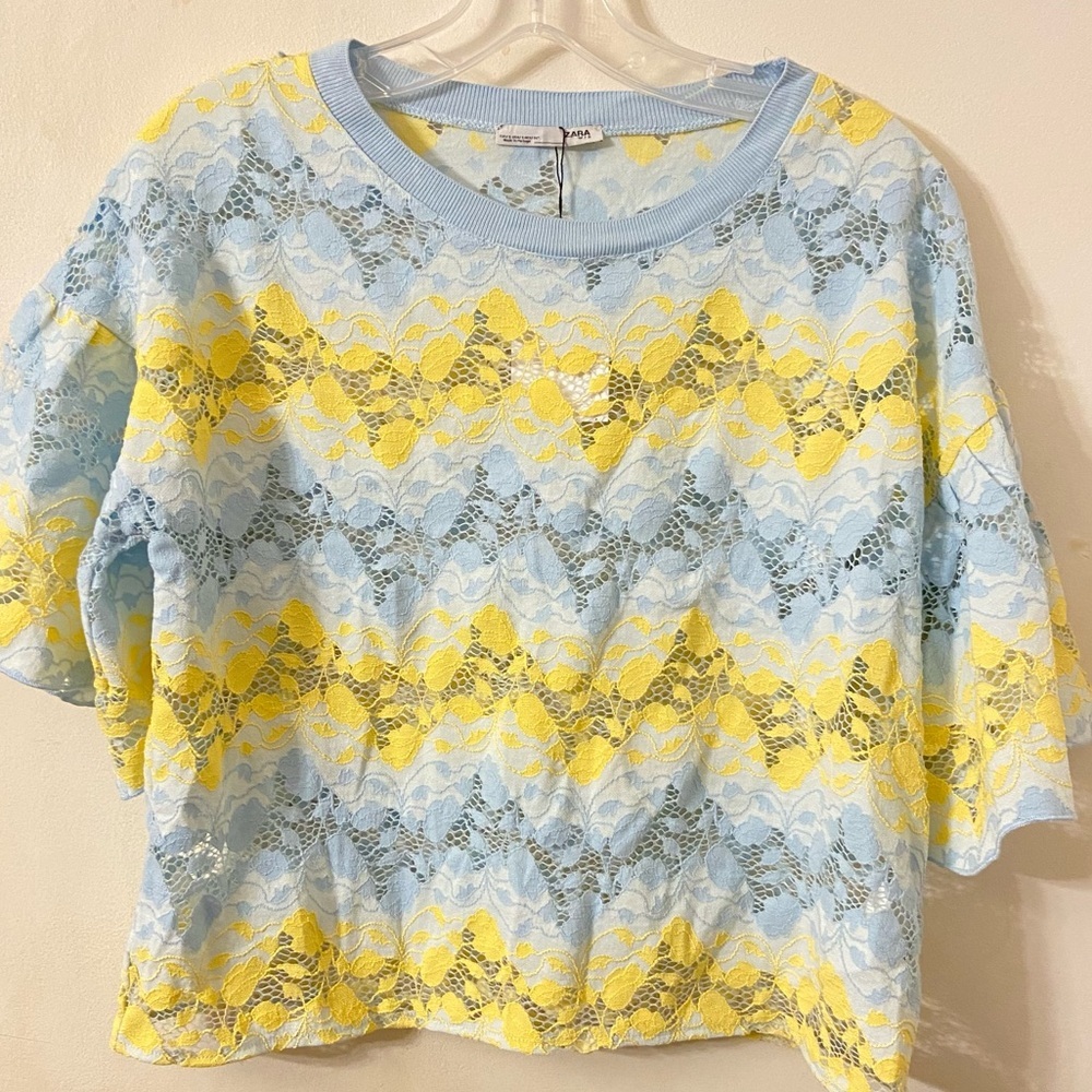 Zara Feminism Colorful Burnout Lace Pullover Bell Shaped Quarter Sleeves Top New - Picture 3 of 5